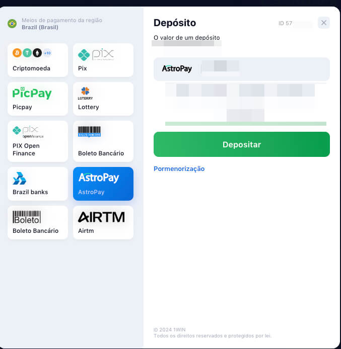 Pagamento 1win via astropay