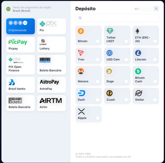 Pagamento 1win via crypto