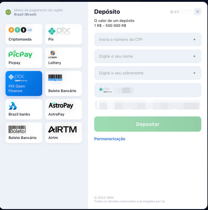Pagamento 1win via pix